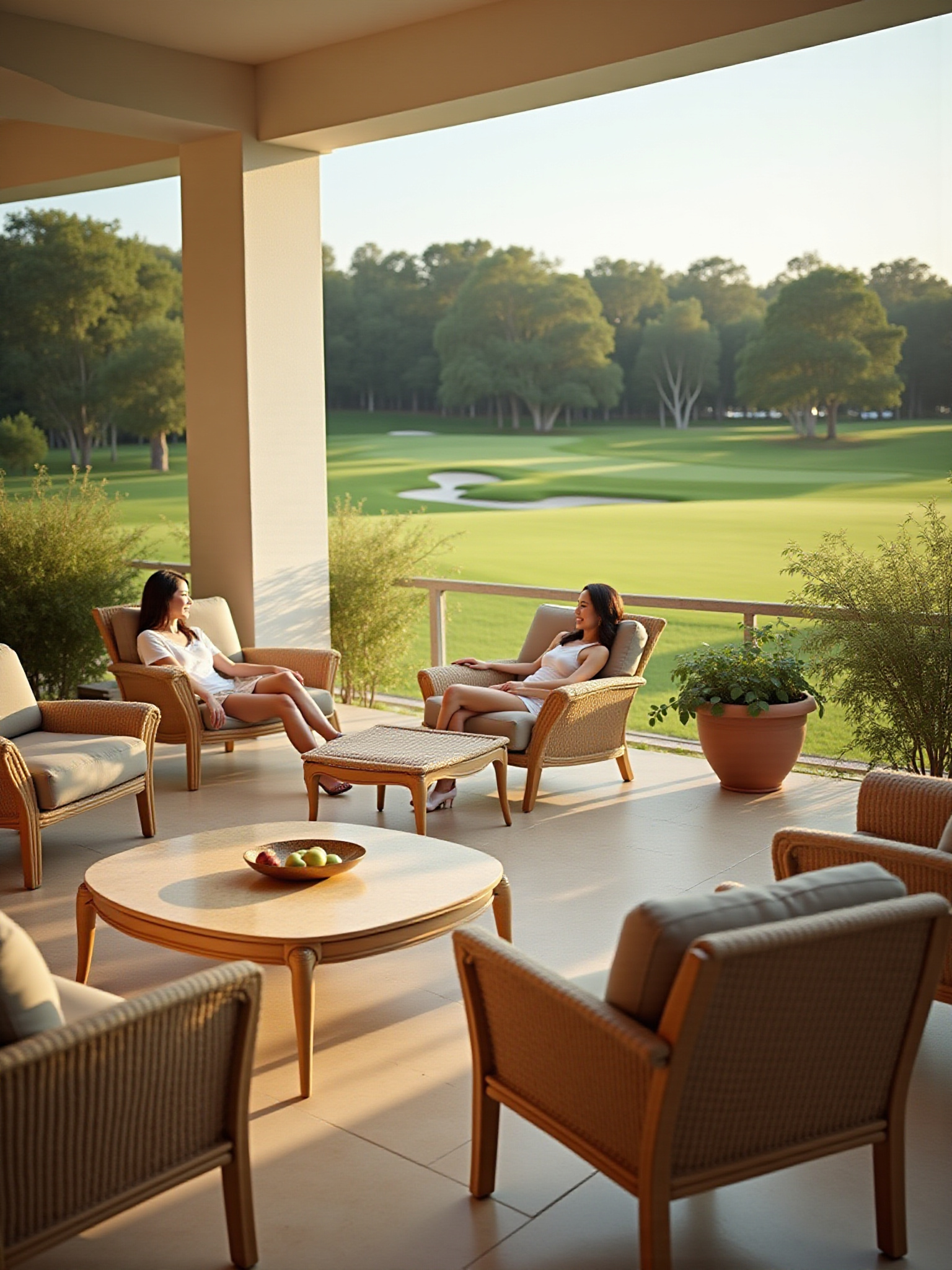 Elegant clubhouse lounge with golf course views